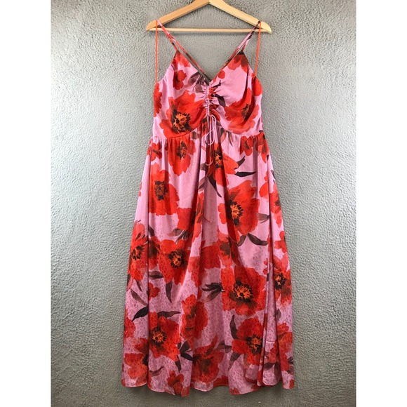 Adelyn Rae Pink Red Floral V Neck Sleeveless Maxi Dress Drawstring Detail L - Picture 1 of 11